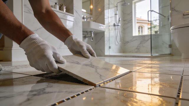 Experienced professional worker in protective gloves meticulously installing stylish ceramic or porcelain tiles onto a pristine bathroom floor, enhancing home aesthetics with precise craftsmanship