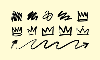 Obraz premium A collection of hand drawn black crown and arrow icons arranged neatly on a light yellow background