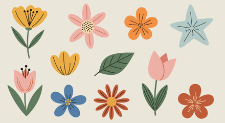 Obraz premium A vibrant collection of floral illustrations featuring various flowers and leaves in a modern, flat style