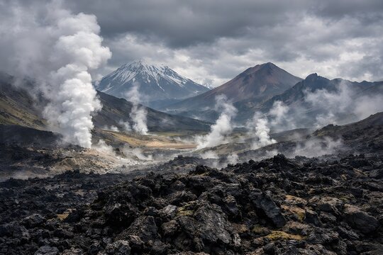 Kamchatka Geothermal Landscape with Steam Vents and Lava Rocks Under Dramatic Cloudy Sky