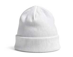 Fototapeta premium White ribbed knit beanie cap, folded brim, isolated on white