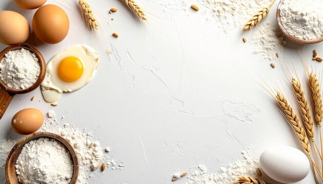 Fresh baking ingredients artfully frame a clean white copy space, perfect for culinary recipes and food-related designs