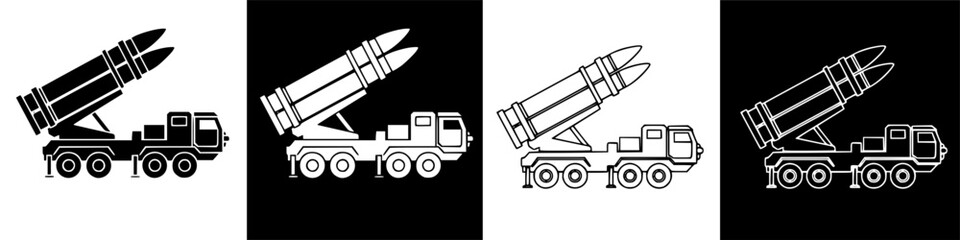 Showcasing missile launcher vehicle truck design in a horizontal row of four graphic illustrations with contrasting black and white backgrounds, front‑view perspective © IamHydra13