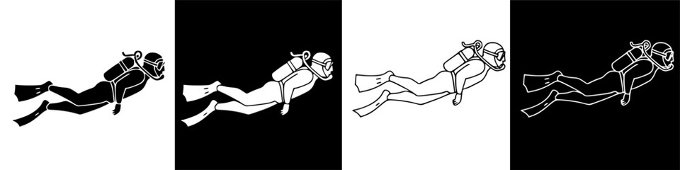Showcasing Four Progressive Scuba Silhouette Diver Illustration Designs on a White Canvas with Black Rectangular Backgrounds, Viewed in Horizontal Sequence © IamHydra13