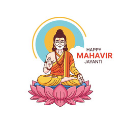 Obraz premium Happy Mahavir Jayanti: Lord Mahavir Meditating on Lotus Flower, Jainism Festival