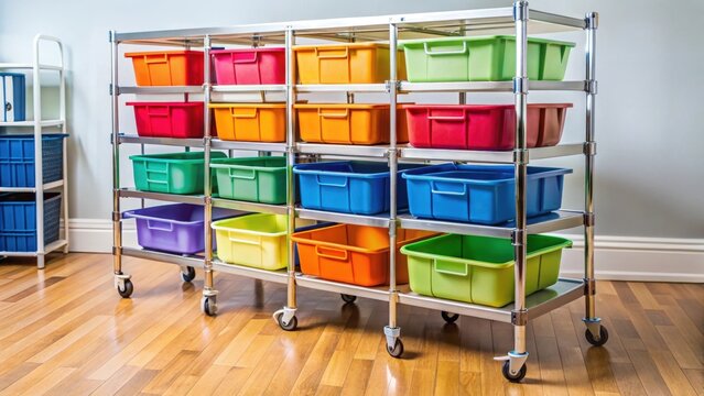 Rolling Storage Cart With Labeled Bins For Classroom Organization