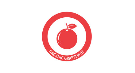 Obraz premium A vibrant red circular logo featuring a white silhouette of a grapefruit with a leaf, accompanied by the text 