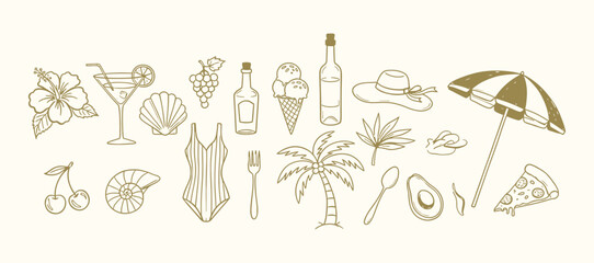 A collection of blue line drawing illustrations featuring marine life and beach items. Summer doodle set with beach and vacation elements in crayon style