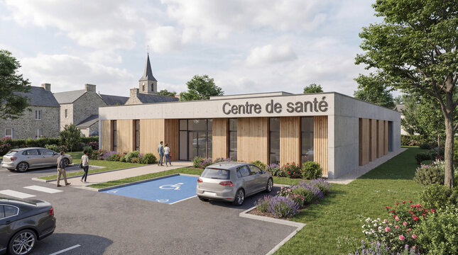 B&acirc;timent de centre de sant&eacute; moderne en bois et b&eacute;ton avec am&eacute;nagement paysager