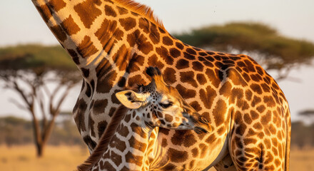 A giraffe nuzzling its calf in a savannah with acacia trees in the background, warm sunlight