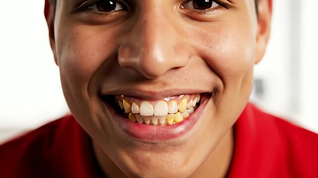 Close-up of a young person's smile revealing yellow, stained teeth, highlighting common dental discoloration issues and the importance of oral hygiene awareness