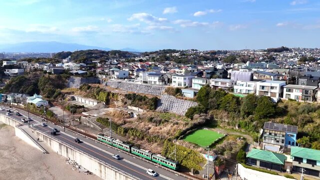 Enoden Train | Coastline Road | Kamakura - 4K Aerial Video
