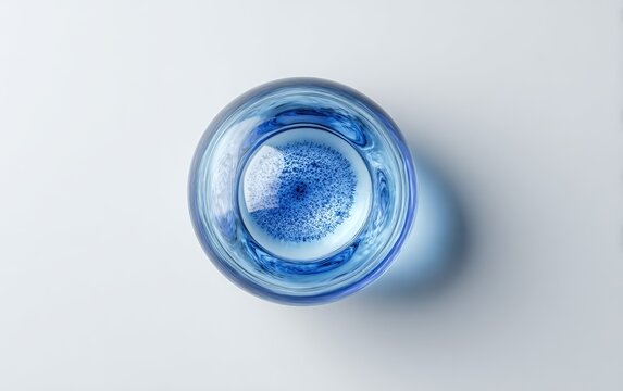 Overhead shot of a clear, blue glass, viewed from above, resting on a white surface