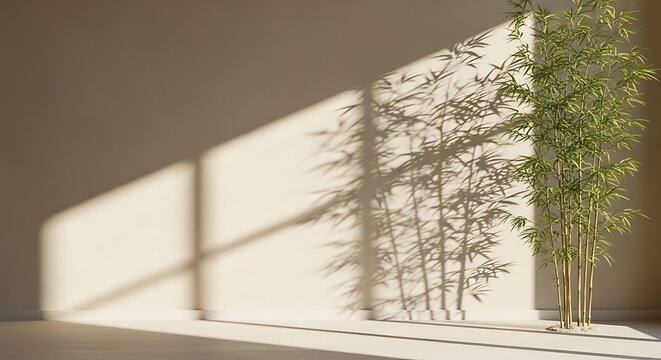 Minimalist interior with bamboo plant casting shadows on a wall