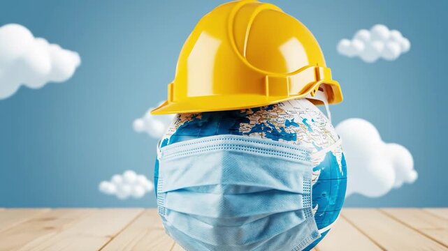 Globe wearing a medical face mask and yellow hard hat on a table