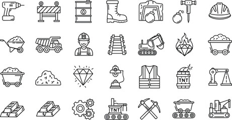 Construction and mining industry line icons set including tools machinery worker equipment safety helmet excavator dump truck vector illustration collection © Jomila