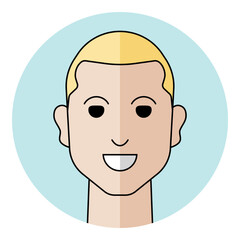 Fototapeta premium Happy man avatar portrait icon with joyful face expression in flat design style. Male character portrait for user profile, social media, and client support icon.