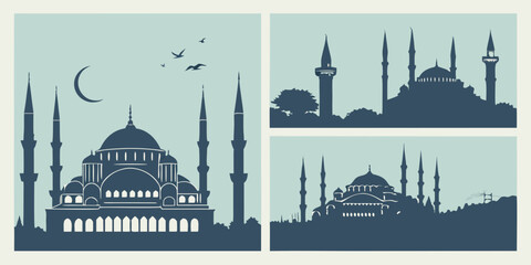 Four distinct views of a grand mosque with minarets and domes under a crescent moon © all video