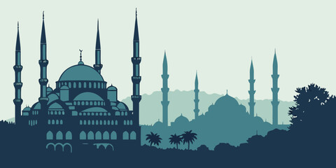 Silhouette of a mosque with minarets and domes against a mountainous landscape © all video