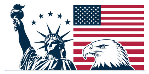 Statue of liberty and bald eagle with american flag in background. © all video
