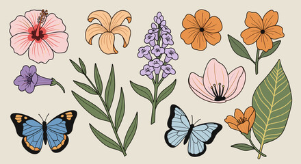 Fototapeta premium A vibrant collection of hand-drawn flowers and butterflies in a modern style, perfect for nature-themed designs