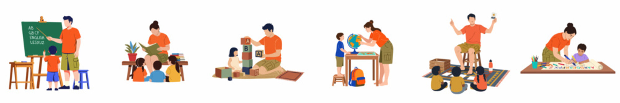 Flat vector set of teachers and children engaged in diverse educational activities like reading, geography, drawing, and playing blocks on a white background.