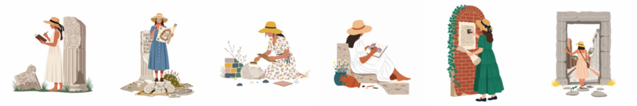 Set of illustrations depicting a female archaeologist exploring, documenting, and studying ancient historical ruins and artifacts in a minimalist vector style.