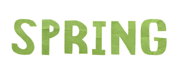 Fototapeta premium Spring text isolated, vibrant seasonal word in green with, cut out