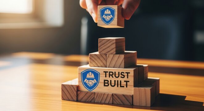Construction worker placing trust built block in structure