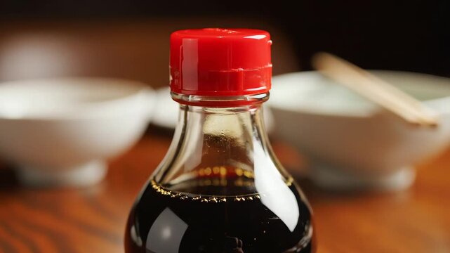 Close up of a bottle of dark sauce with red cap on wooden surface