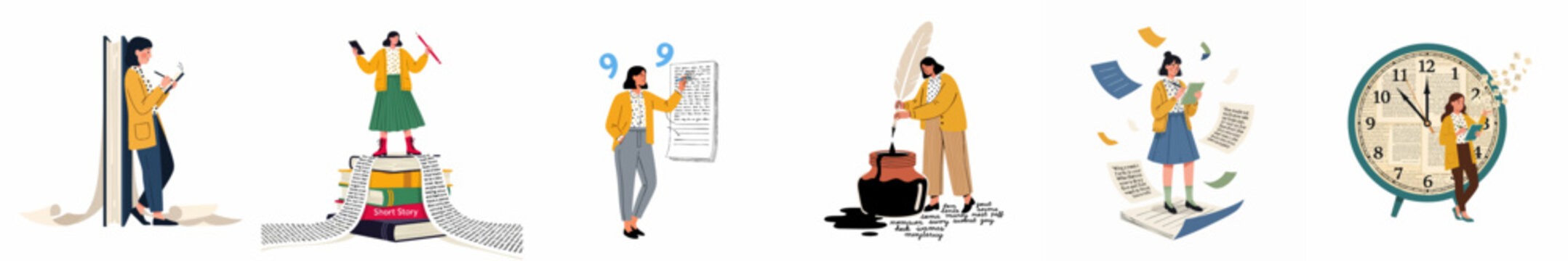 Set of illustrations depicting a female writer and storyteller engaged in various creative activities like writing, journaling, and reading amidst books and paper.