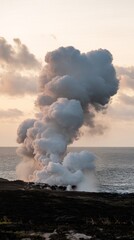 Fototapeta premium meson. Lava meeting ocean, forming black volcanic rock with rising steam at sunset. inspiring travel planning, travel magazines, designed for travel destination branding, used by nutritionists. 