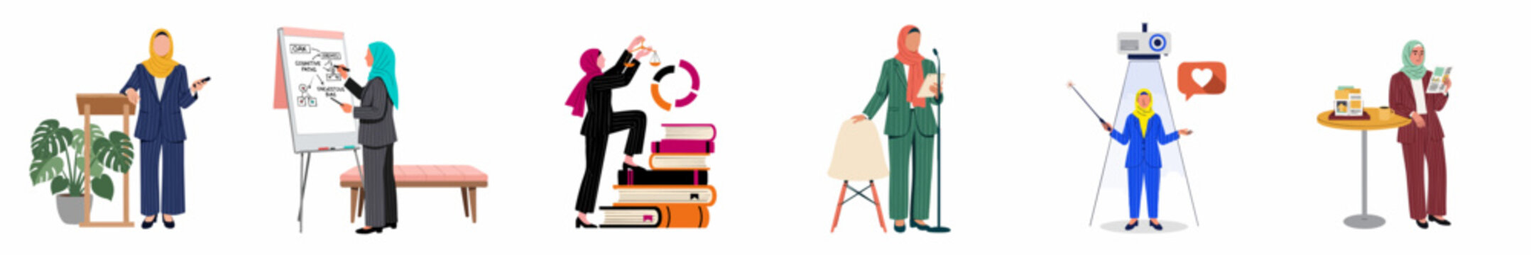 Collection of flat vector illustrations featuring professional Muslim women in hijabs and suits during various business, legal, and educational activities.