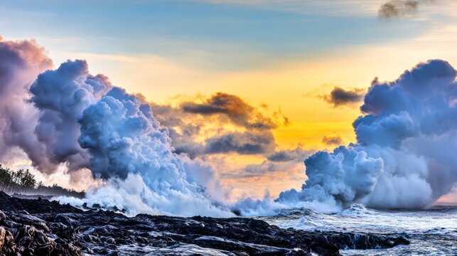 meson. Lava meeting ocean, forming black volcanic rock with rising steam at sunset. inspiring travel planning, travel magazines, designed for travel destination branding, used by nutritionists.
