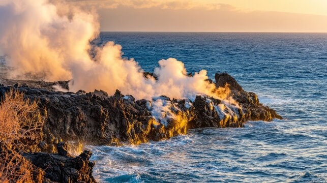 meson. Lava meeting ocean, forming black volcanic rock with rising steam at sunset. inspiring travel planning, travel magazines, designed for travel destination branding, used by nutritionists.
