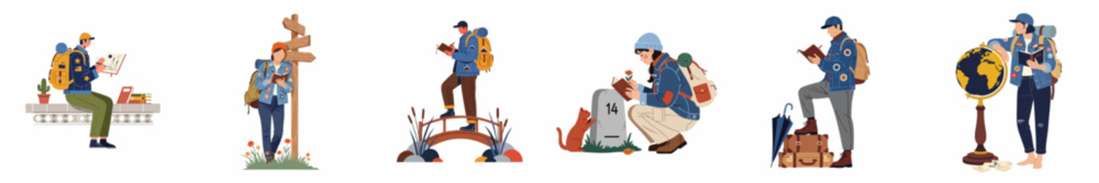Set of diverse travelers and backpackers engaged in reading, writing, and exploring world destinations, presented in a clean flat vector illustration style.