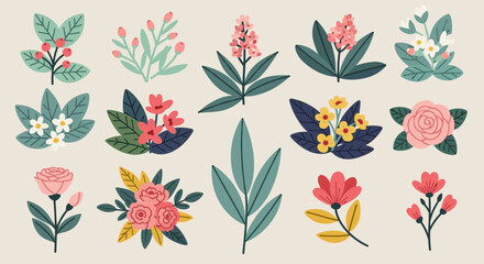 A vibrant collection of floral illustrations featuring various flowers and leaves in a modern, flat style