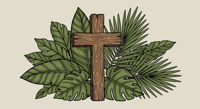 A wooden cross surrounded by lush tropical leaves in a modern, illustrative style, perfect for religious themes