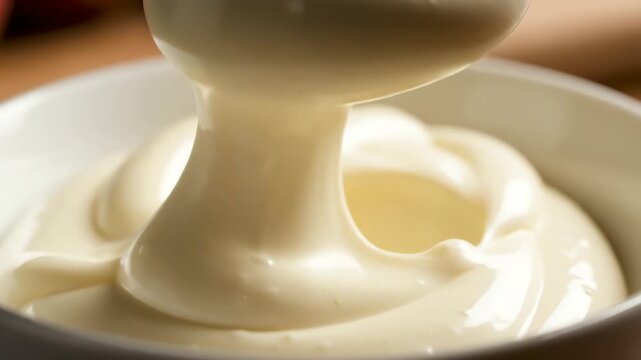Close up of creamy white substance in a bowl with a spoon ready for serving
