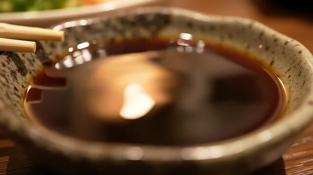 Close up of dark liquid poured into ceramic bowl with chopsticks