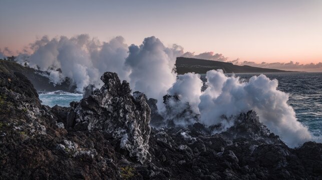 meson. Lava meeting ocean, forming black volcanic rock with rising steam at sunset. inspiring travel planning, travel magazines, designed for travel destination branding, used by nutritionists.
