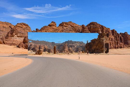 The Maraya mirrored concert hall reflecting the ancient desert mountains of Ashar Valley in AlUla, Saudi Arabia