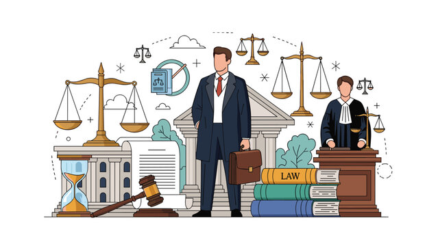 Artistic composition of various legal symbols including scales of justice, a judge, law books, a gavel, and a courthouse building.