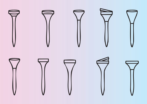 Collection of different golf tees isolated in two colors