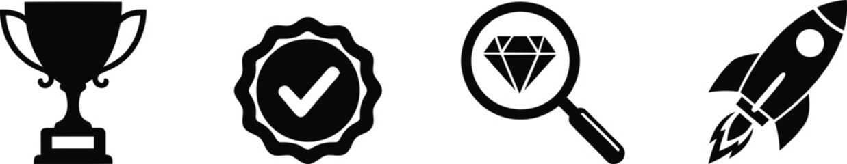 Silhouette icons of trophy checkmark magnifying glass and rocket ship on a white background © saiful