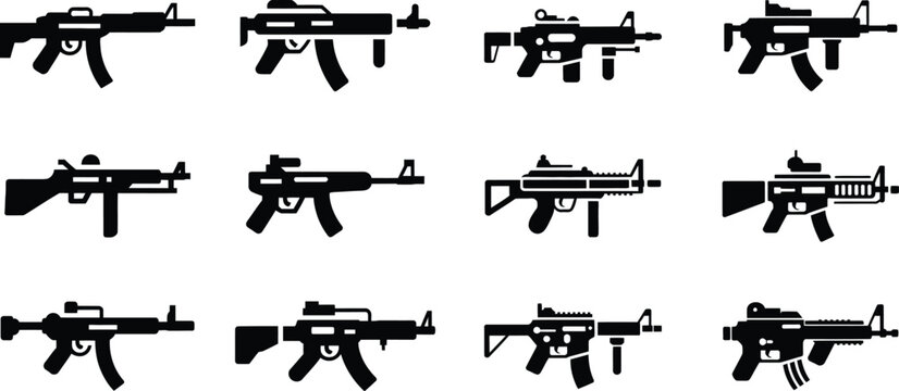 Assault rifle icons: collection of modern firearm symbols for design with white background with gun icon