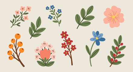 A vibrant collection of hand-drawn floral illustrations featuring various flowers and leaves in a modern style
