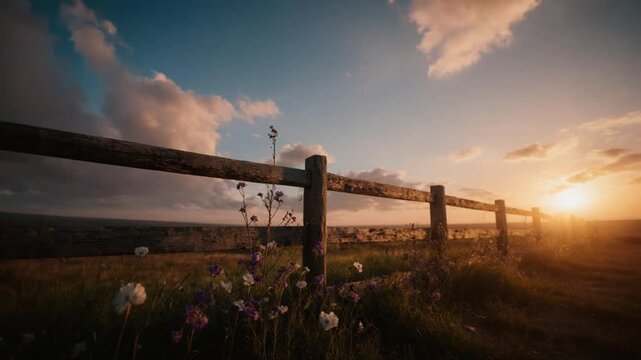 Sunset over rustic wooden fence landscape.