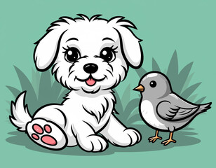 Naklejka premium A cartoon white maltese puppy with large eyes sitting outside next to a bird. Ai