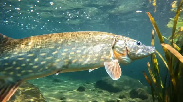 Underwater close-up of a northern pike swimming freely in a clear lake, showcasing its natural habitat and predatory behavior
